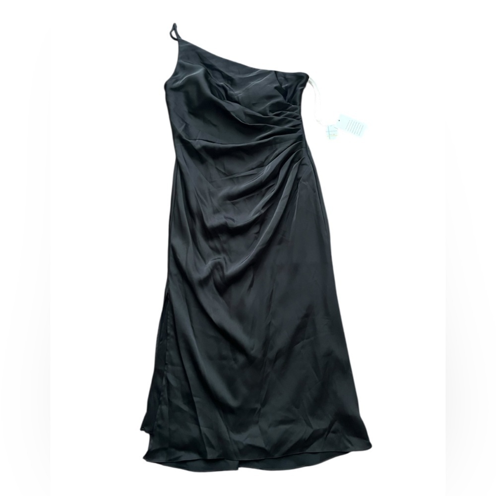 Kennedy blue Lexi midi, black satin one shoulder dress size 4 style #28432. - Picture 6 of 12